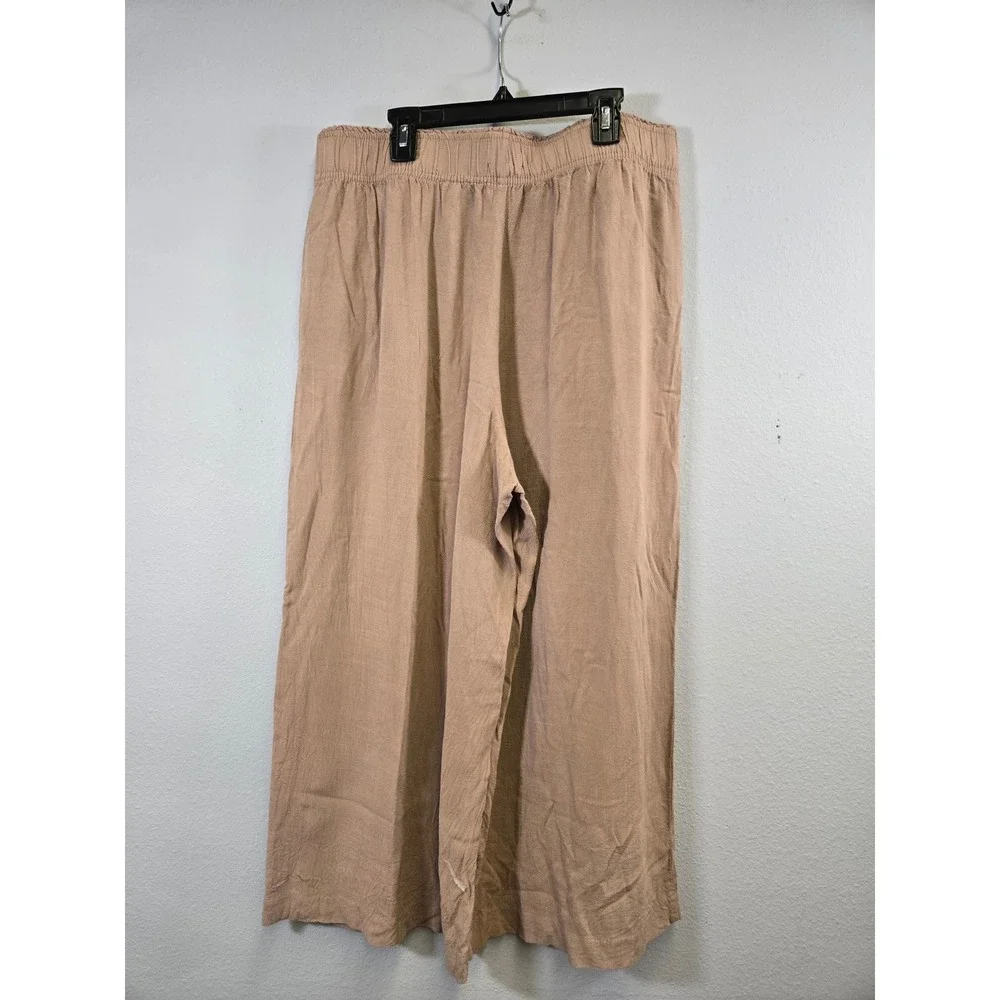 H&M Linen Blend Smocked Waist Wide Leg Pull On Crop Pants Tan L